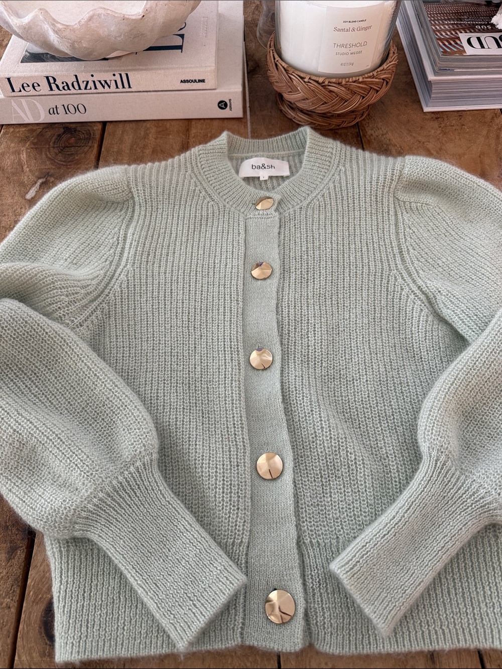 ba&sh Mint Green Knit Cardigan with Gold Buttons